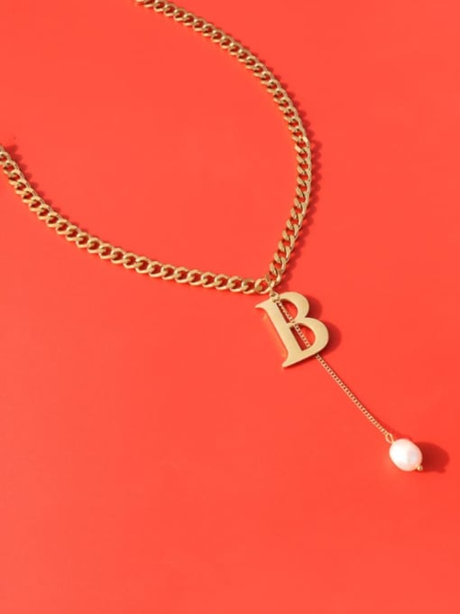 Gold necklace 40+5cm Titanium 316L Stainless Steel Imitation Pearl Tassel  Letter B Vintage Necklace with e-coated waterproof