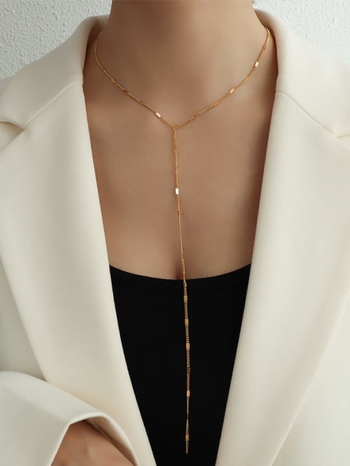 Long gold Titanium 316L Stainless Steel Tassel Minimalist Lariat Necklace with e-coated waterproof
