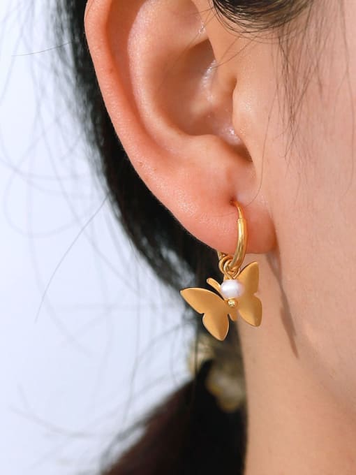 J&D Stainless steel Imitation Pearl Butterfly Artisan Huggie Earring 1