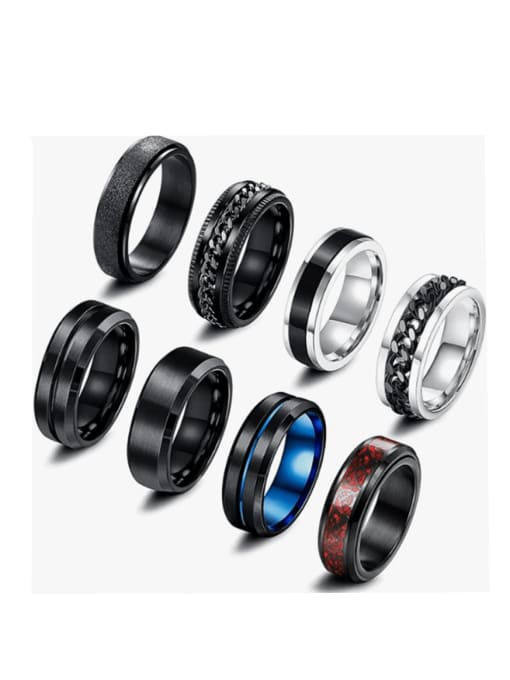 Black eight piece set Titanium Steel Irregular Hip Hop Stackable Ring Set