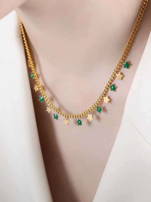 Green Drop Oil Gold Necklace 40 5cm Titanium Steel Enamel Trend Pentagram Bracelet and Necklace Set