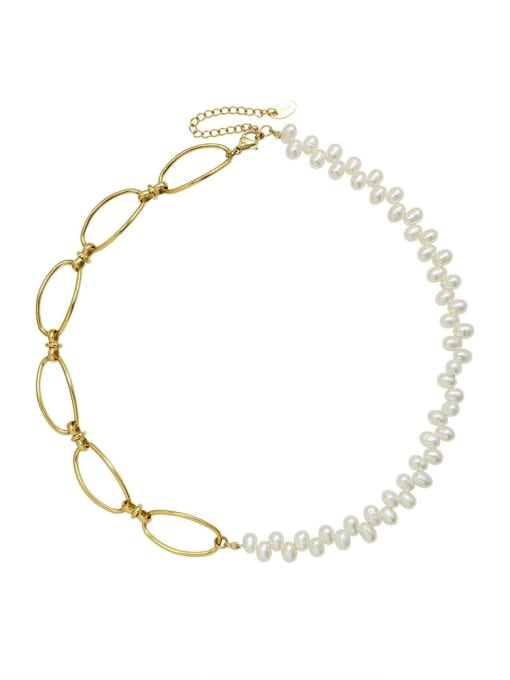 P010 golden Titanium Steel Freshwater Pearl Geometric Minimalist Necklace