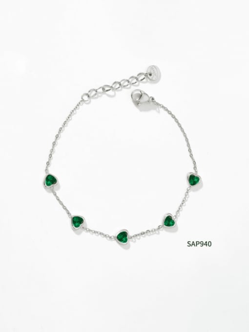SAP940 Platinum Green Stainless steel Cubic Zirconia Heart Minimalist Link Bracelet