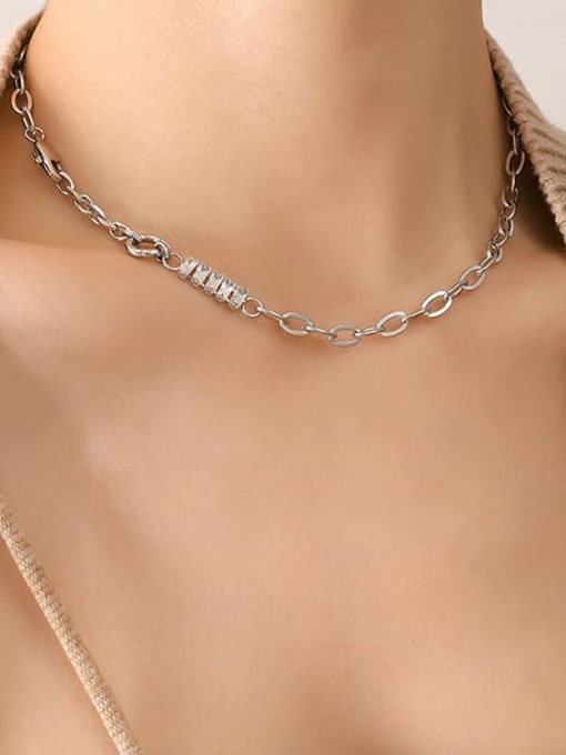 P176 Steel Necklace 40cm Titanium Steel Cubic Zirconia Geometric Vintage Hollow Chain Necklace