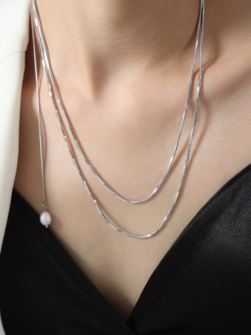 MAKA Titanium Steel Freshwater Pearl Tassel Dainty Long Strand Necklace 1