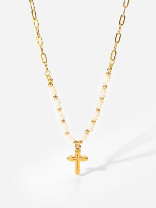 J&D Stainless steel Imitation Pearl Cross Vintage Necklace