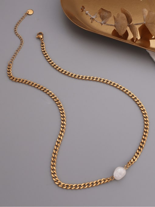 MAKA Titanium 316L Stainless Steel Imitation Pearl Geometric Chain Minimalist Necklace with e-coated waterproof