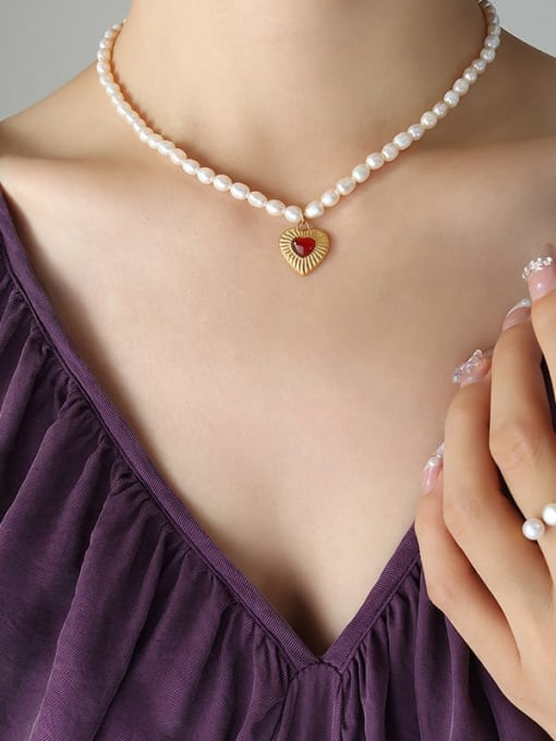 P1180 gold necklace 40 +5cm Titanium Steel Freshwater Pearl Heart Vintage Necklace