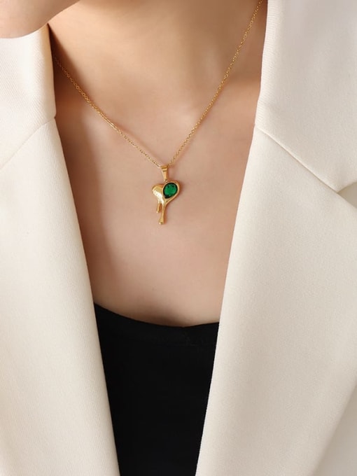 P426 Gold Emerald Necklace 40 +5cm Titanium Steel Cubic Zirconia Heart Vintage Necklace