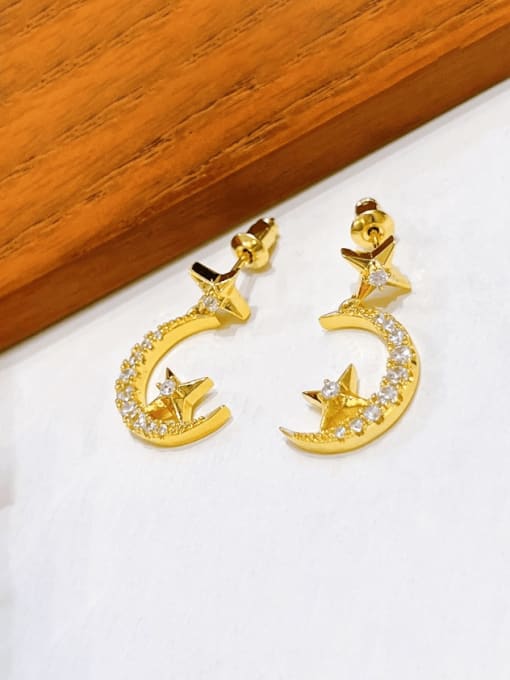 H00951 Gold Brass Cubic Zirconia Moon Minimalist Drop Earring