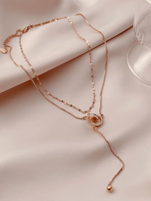 Rose Gold Double Necklace Titanium 316L Stainless Steel Tassel Minimalist Multi Strand Necklace with e-coated waterproof