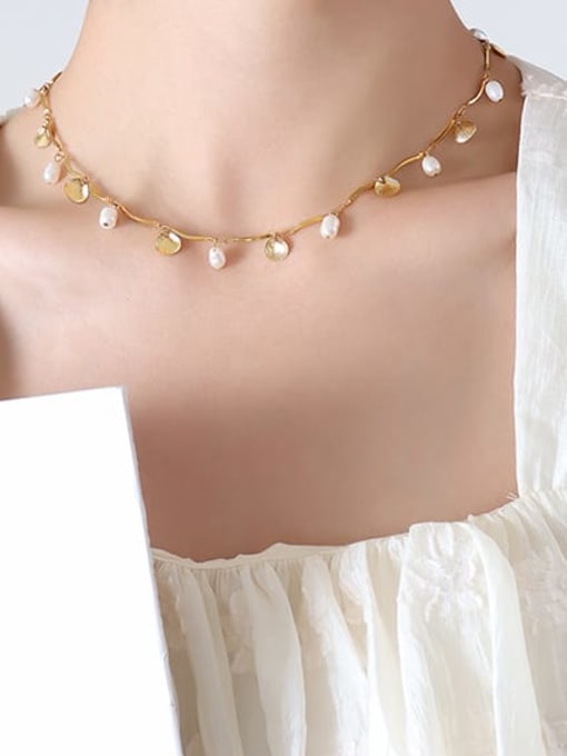 P417 golden Shell Necklace 38+ 5cm Titanium Steel Freshwater Pearl Leaf Vintage Necklace