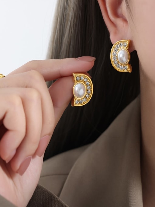 F989 Gold Earrings Titanium Steel Imitation Pearl Geometric Dainty Stud Earring