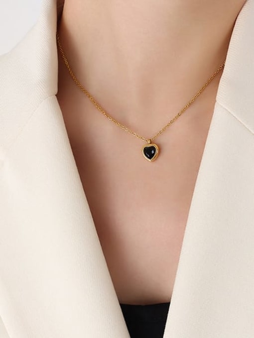 P425 black zircon gold necklace 40 +5cm Titanium Steel Glass Stone Vintage Heart Earring and Necklace Set