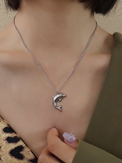 Steel necklace 40+5cm Titanium 316L Stainless Steel Smooth Dolphin Minimalist  Pendant Necklace with e-coated waterproof
