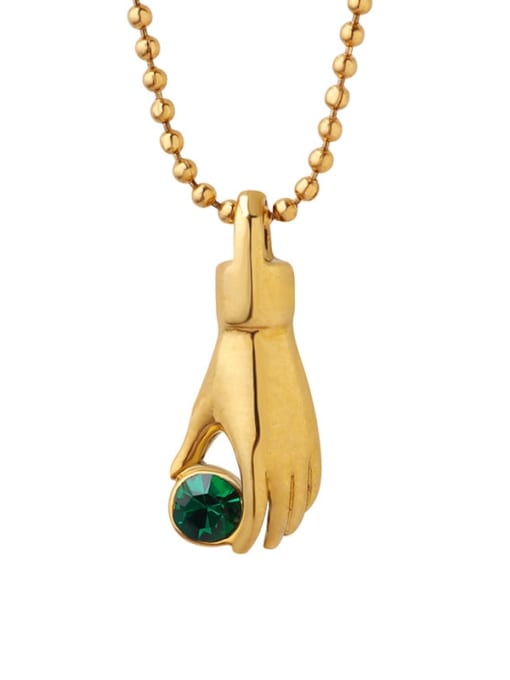 P415 gold+ green  40 +5cm Titanium Steel Rhinestone Palm Vintage Bead Chain Necklace