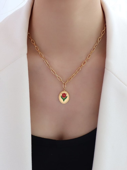 P1090 gold tulip Necklace 40+ 5cm Titanium 316L Stainless Steel Enamel Vintage Friut  Earring and Necklace Set with e-coated waterproof