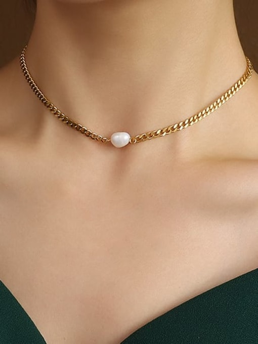 MAKA Titanium 316L Stainless Steel Imitation Pearl Geometric Chain Minimalist Necklace with e-coated waterproof 1