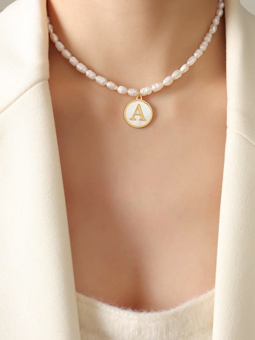 P1315 A Titanium Steel Freshwater Pearl Letter Minimalist Necklace