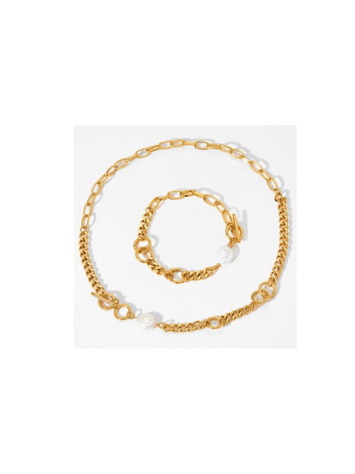 Clioro Stainless steel  Trend Geometric Freshwater Pearl Bracelet and Necklace Set