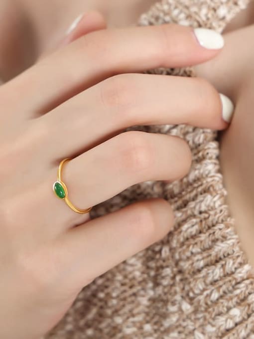 A494 Gold Green Glass Ring Titanium Steel Cubic Zirconia Geometric Dainty Band Ring
