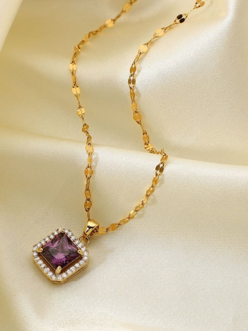 J&D Stainless steel Cubic Zirconia Purple Square Dainty Necklace