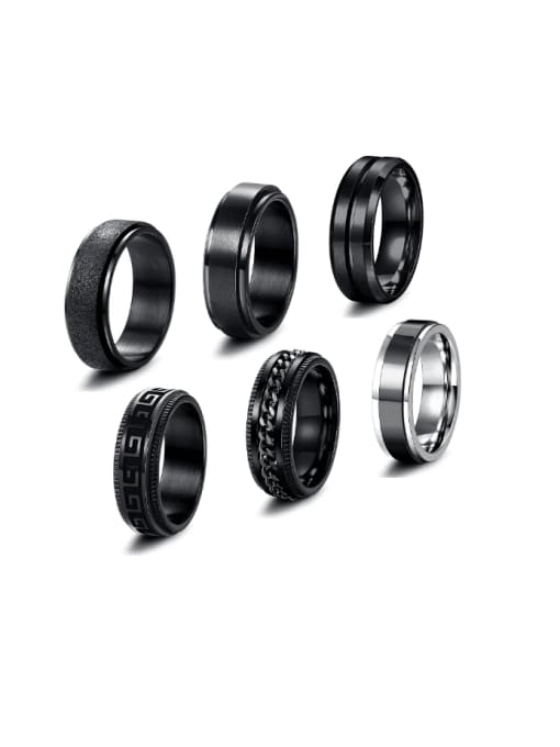 Six piece black set Titanium Steel Geometric Hip Hop Stackable Ring Set