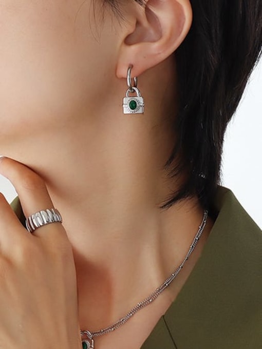 F032 steel green Zircon Earrings Titanium Steel Glass Stone Vintage Geometric  Earring and Necklace Set