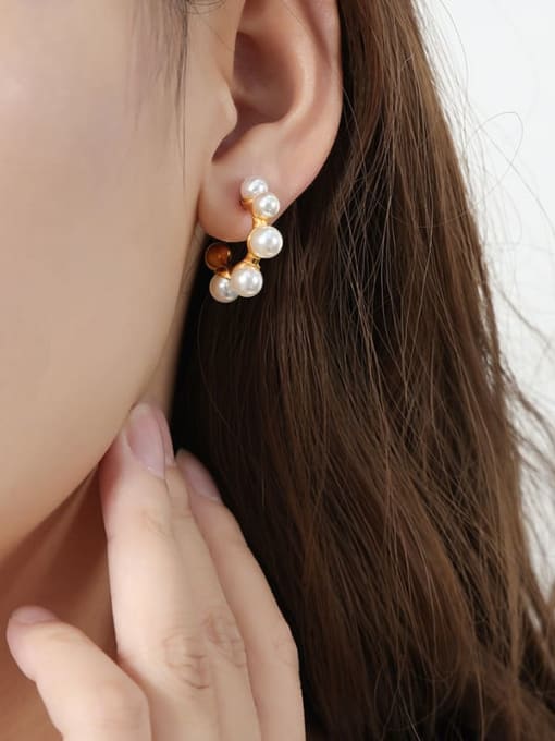 F1226 Gold Earrings Titanium Steel Imitation Pearl Geometric Trend Stud Earring