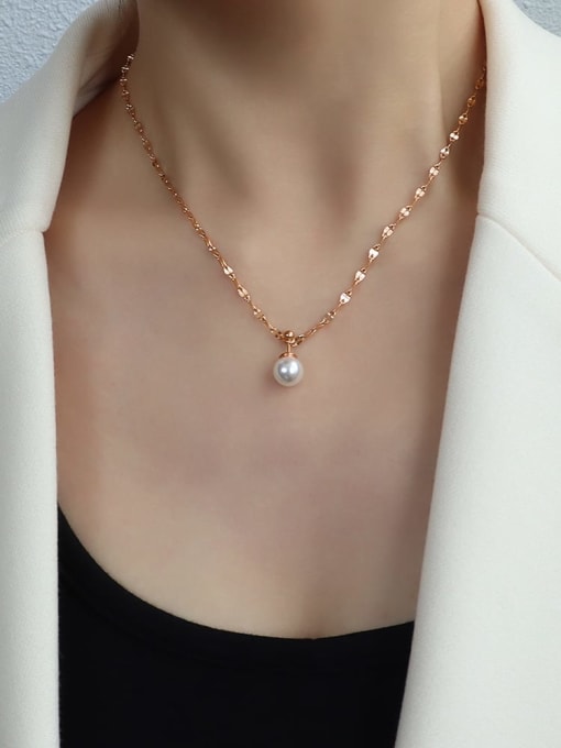 P497 rose gold  Necklace Titanium 316L Stainless Steel Imitation Pearl Minimalist Round  Earring and Necklace Set with e-coated waterproof