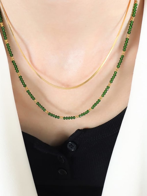 P1456 Gold Green Glass Necklace Titanium Steel Glass beads Green Geometric Vintage Multi Strand Necklace