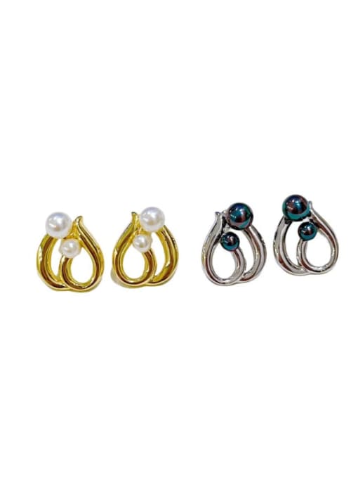 Clioro Brass Imitation Pearl Geometric Vintage Stud Earring 4
