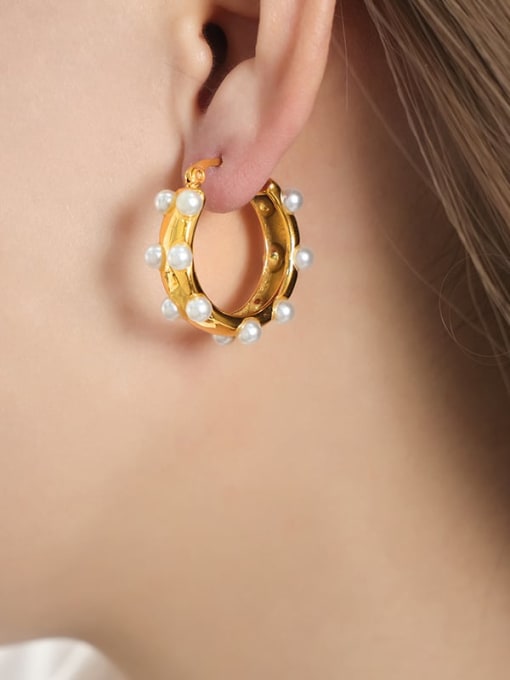 F1228 Gold Earrings Titanium Steel Imitation Pearl Geometric Trend Stud Earring