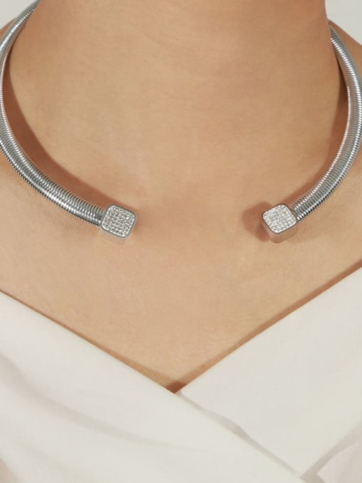 P173 steel collar 37cm Titanium Steel Cubic Zirconia Geometric Trend Choker Necklace