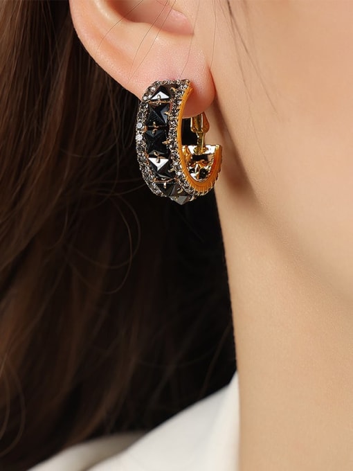 F1101 black  U-shaped earrings 29x27MM Titanium Steel Cubic Zirconia Geometric Minimalist Huggie Earring