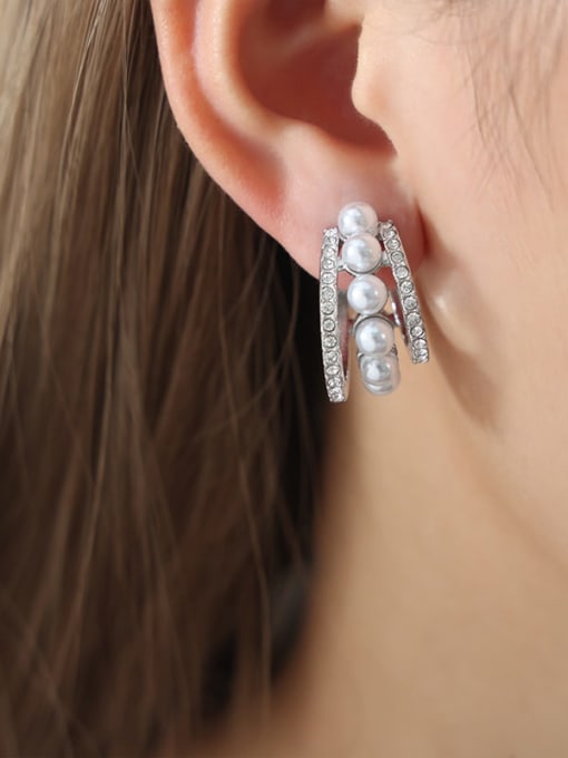F997 Steel Color Earrings Titanium Steel Imitation Pearl Geometric Dainty Stud Earring