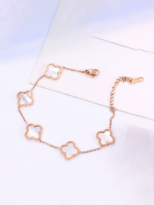T47 White Scallop+Rose Titanium Steel Enamel Clover Minimalist Link Bracelet