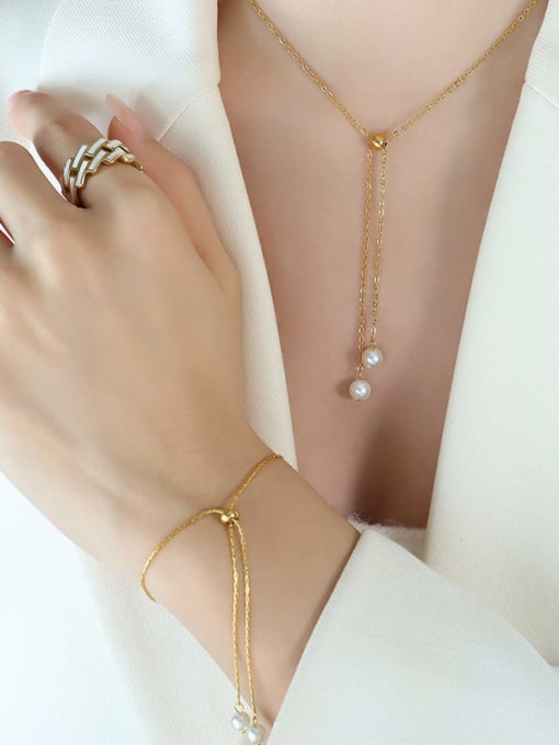 MAKA Trend Tassel Titanium Steel Imitation Pearl Bracelet and Necklace Set 1