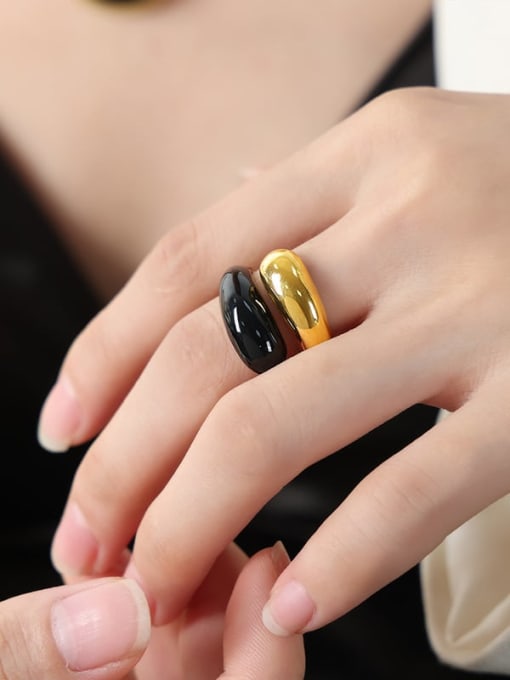A586 Black Glazed Gold Ring Titanium Steel Enamel Geometric Trend Band Ring