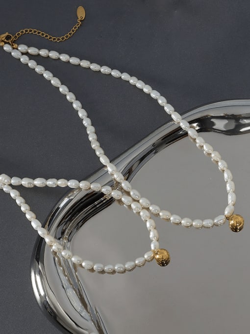 MAKA Titanium Steel Freshwater Pearl Geometric Minimalist Necklace