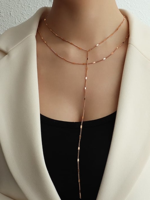 Long and short set rose gold Titanium 316L Stainless Steel Tassel Minimalist Lariat Necklace with e-coated waterproof