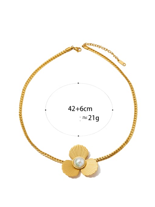 Gold Necklace B KDD836 Stainless steel Imitation Pearl Minimalist Flower   Earring Ring and Necklace Set