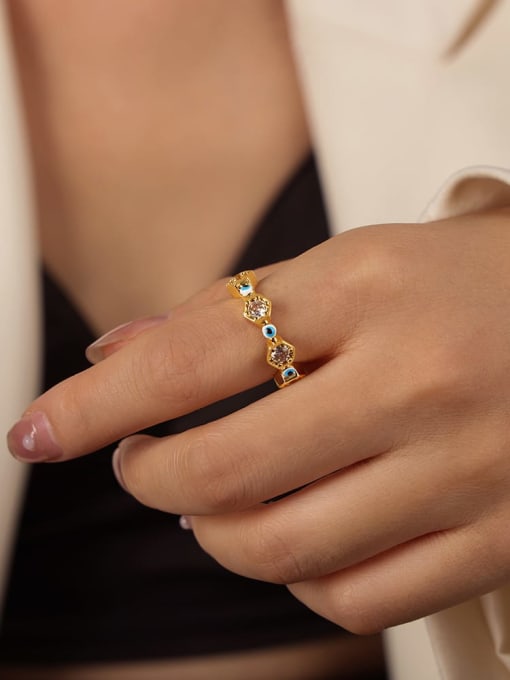 A709 Golden Blue Glazed Ring Brass Enamel Geometric Trend Band Ring