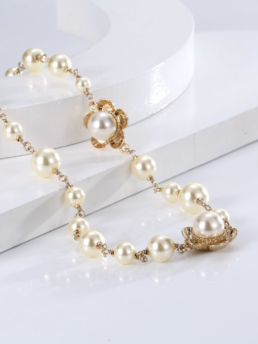 Clioro Brass Imitation Pearl Flower Trend Long Strand Necklace 2