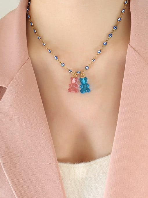 P1284 Transparent Blue Pink  (Short) Titanium Steel Resin Multi Color Enamel Bear Cute Necklace