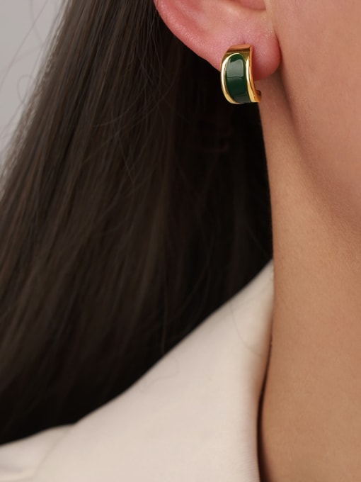 F336 Green Glazed Earrings Brass Enamel Geometric Trend Stud Earring