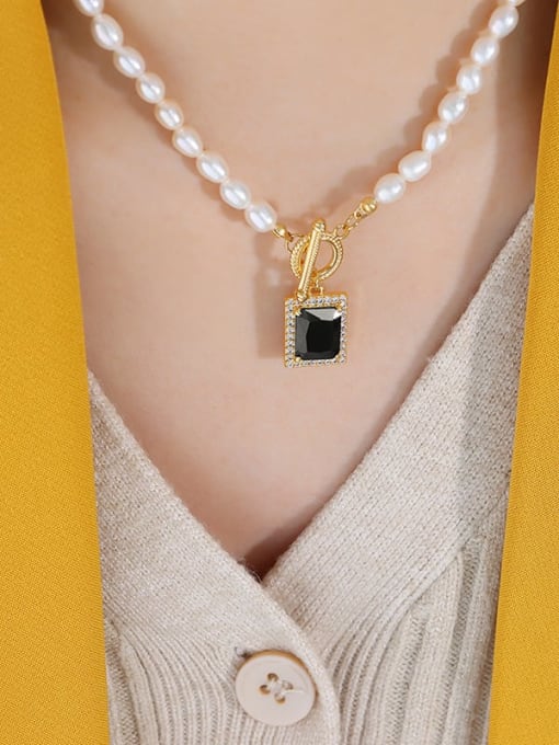 P1411 Gold necklace 40cm Titanium Steel Freshwater Pearl Geometric Vintage Necklace