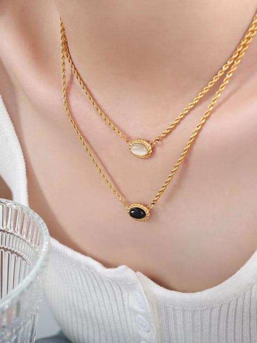 P1549 Gold Double Layer Necklace Titanium Steel Cats Eye Geometric Trend Necklace