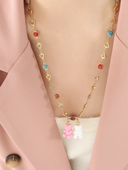 P1285 Pink White Hollow out Peach Heart Titanium Steel Resin Multi Color Enamel Bear Cute Necklace