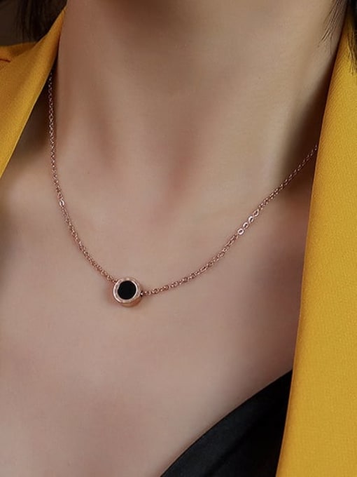 P128 Rose Gold+black shell Titanium 316L Stainless Steel Shell Round Vintage Necklace with e-coated waterproof
